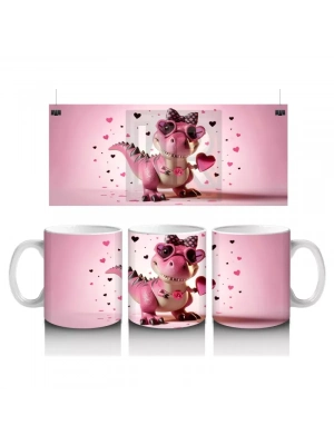 Kalplerle Süslenmiş Pembe Dinozor – Baskılı Kahve Kupası