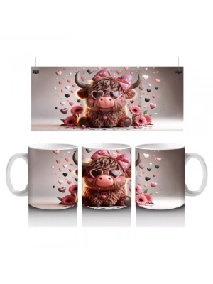 Kalplerle Süslenmiş Sevimli Pembe Kornalı Buzağı – Baskılı Kahve Kupası