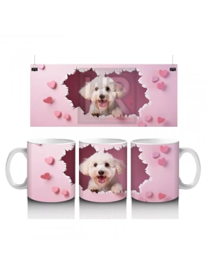 Kalpli Arka Planda Gülümseyen Sevimli Beyaz Köpek - Baskılı kahve kupası