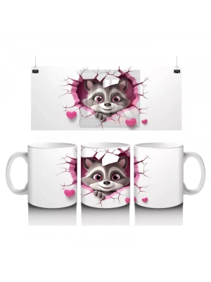 Kalpli Çatlaklı Duvar Önünde Sevimli Rakun – Baskılı Kahve Kupası