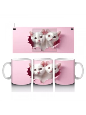 Kalpli Çatlakta Bakan Sevimli Beyaz Kedicikler – Baskılı Kahve Kupası