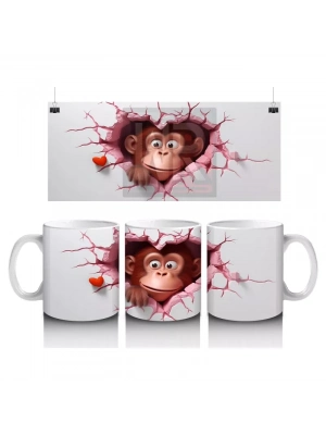 Kalpli Çatlakta Sevimli Maymun ve Minik Kalp – Baskılı Kahve Kupası