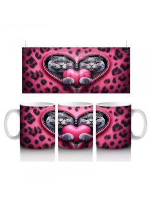 Kalpli Çerçevede Sarılmış Sevimli Gri Kedi Çifti - Baskılı kahve kupası