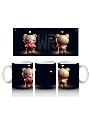 Kalpli Çiçek Tutan Ayıcık ve Sırt Görünümü – Baskılı Kahve Kupası