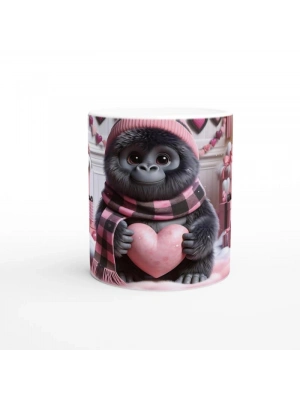 Kalpli Hediye Tutan Sevimli Goril Temalı Baskılı Kupa Bardak
