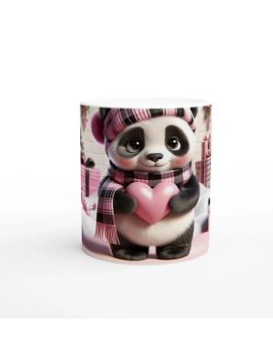 Kalpli Hediye Tutan Sevimli Panda Temalı Baskılı Kupa Bardak