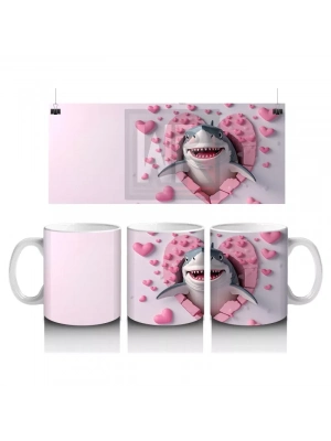 Kalpli Pembe Zeminde Gülümseyen Sevimli Köpekbalığı - Baskılı kahve kupası