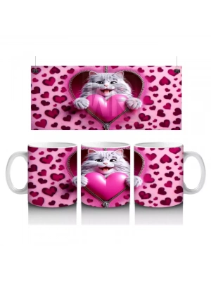 Kalpli Yastığa Sarılmış Gri Kedi – Baskılı Kahve Kupası