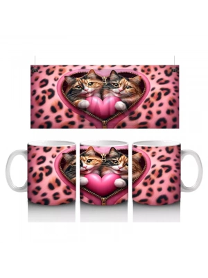 Kalpli Yastığa Sarılmış Sevimli Kedi Çifti – Baskılı Kahve Kupası