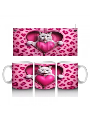 Kalpli Yastık Tutan Beyaz Kedi – Baskılı Kahve Kupası