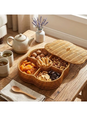 ®  Kapaklı 5 Bölmeli Plastik Rattan Organizer Kutu – Hasır Desenli Çok Amaçlı Saklama ve Sunum Sepeti Çerezlik