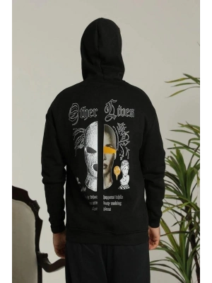 Kapşonlu Sweatshirt – Oversize “Other Lives” Ön  Arka Baskılı,-Siyah -