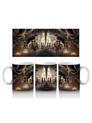 Karanlık Gotik Şapel İçinde Mumlar ve Kafataslarıyla Cadılar Bayramı Baskılı Kupa Bardak