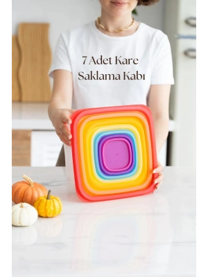 Kare 7 Parça Hava Almaz Sızdırmaz Saklama Kabı Seti Renkli Kapak (200/330/630/1100/1800/3300/5600 ml)