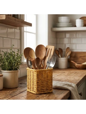 ®  Kare Hasır Dokulu Plastik Rattan Kaşıklık & Çatallık – Askılı Kendiliğinden Tutmalı Çok Amaçlı Mutfak Organizeri