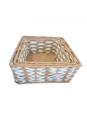 Kare Örgü Desenli Doğal Hasır Sepet Seti - 3lü