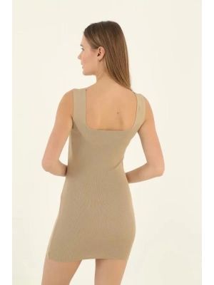 Kare Yaka Midi Boy Likralı Polelit Elbise - Bej -