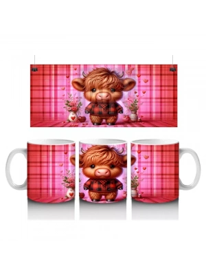 Kareli Arka Planda Çiçek Tutan Sevimli Buzağı – Baskılı Kahve Kupası