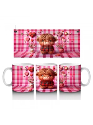 Kareli Pembe Fon ve Kalpli Buzağı – Baskılı Kupa Bardak