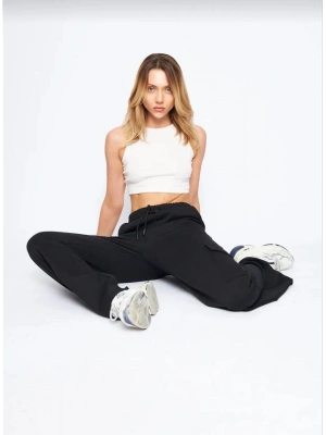 Kargo Cepli Palazzo Oversize Kesim İki iplik Bol Paça Eşofman Altı Pantalon - Siyah