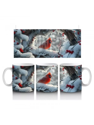 Karlı Arka Planda Aşk Temalı Kardinal Kuşları - Baskılı Kahve Kupası