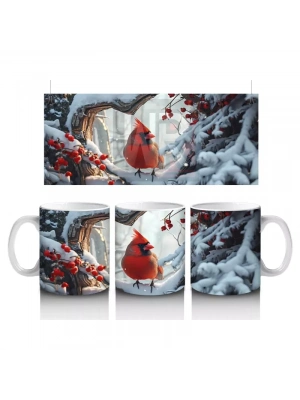Karlı Dallar Üzerinde Kırmızı Kardinal Kuş – Baskılı Kahve Kupası