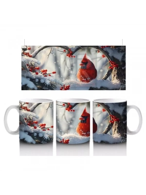 Karlı Dallarda Neşeli Kırmızı Kardinal – Baskılı Kupa Bardak
