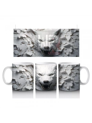 Karlı Duvarda Gözleri Parlayan Gri Kurt – Baskılı Kahve Kupası