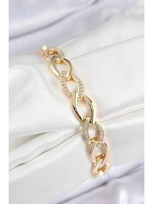 Pirinç Zirkon Taşlı Zincir Model Gold Renk Kadın Bileklik