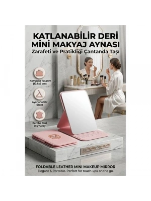 Katlanabilir Stantlı Makyaj Aynası | Pembe Deri Çanta Boyu Mini Ayna 723190