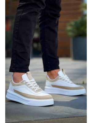 KB-006  Beyaz Cilt Bej Süet  Yüksek Taban Bağcıklı Günlük Erkek Ayakkabı