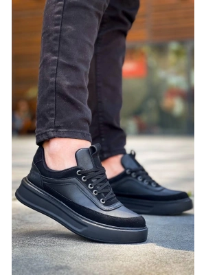 KB-006  Siyah Cilt Siyah Yüksek Taban Bağcıklı Günlük Erkek Ayakkabı