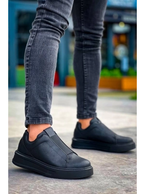 KB-007   Siyah Siyah Yüksek Taban Tek Bant Bağcıksız Günlük Erkek Ayakkabı