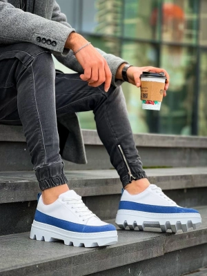 KB-056  Beyaz Mavi Detaylı Beyaz Yüksek Taban Günlük Spor Ayakkabı