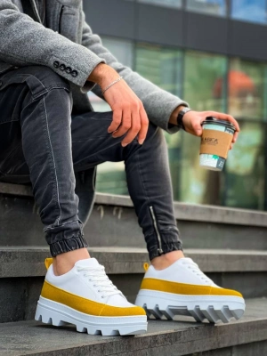 KB-056  Beyaz Sarı Detaylı Beyaz Yüksek Taban Günlük Spor Ayakkabı