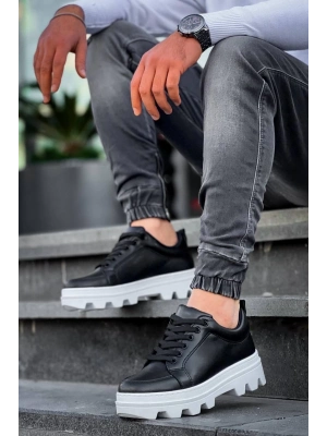 KB-056  Siyah Cilt Beyaz Yüksek Taban Günlük Spor Ayakkabı
