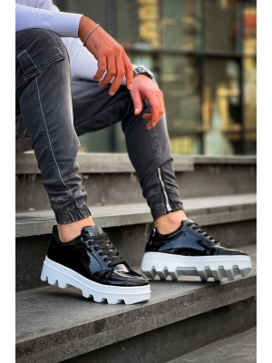 KB-056  Siyah Rugan Beyaz Yüksek Taban Günlük Spor Ayakkabı