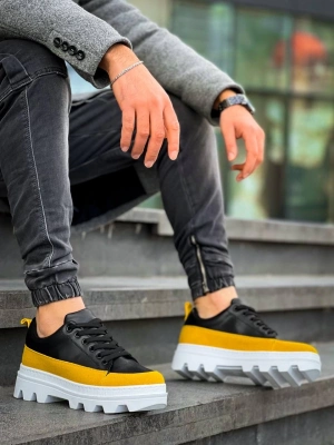 KB-056  Siyah Sarı Detaylı Beyaz Yüksek Taban Günlük Spor Ayakkabı
