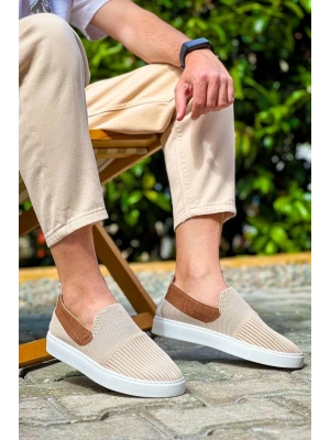 KB-114   Bej Taba Triko Yüksek Taban Bağcıksız Günlük Erkek Ayakkabı