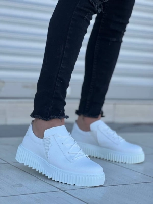 KB-X502   Beyaz Cilt Yüksek Beyaz Taban Bağcık Detaylı Lastikli Günlük Erkek Ayakkabı