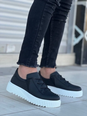 KB-X502   Siyah Cilt Yüksek Beyaz Taban Bağcık Detaylı Lastikli Günlük Erkek Ayakkabı