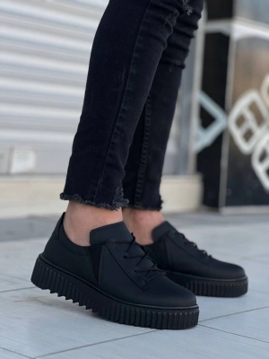 KB-X502   Siyah Cilt Yüksek Siyah Taban Bağcık Detaylı Lastikli Günlük Erkek Ayakkabı