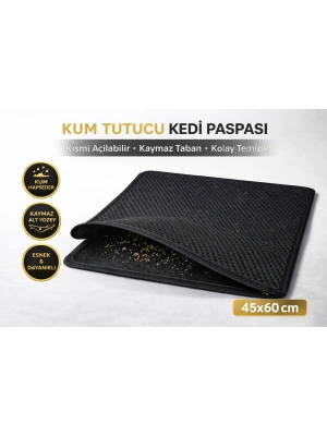 Kedi Elekli Tuvalet Önü Kum Tutucu Paspas  45 cm - 60 cm Siyah