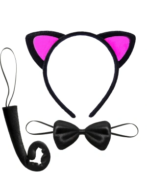 Kedi Kulak Taç Kuyruk Ve Papyon 3 Lü Set Çocuk Boy Fuşya Renk