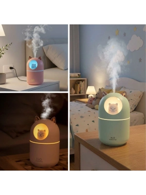 ® Kedicik Figürlü Hava Nemlendirici – Ultrasonik Soğuk Buhar Makinesi, LED Işıklı Masaüstü Oda Nemlendirici