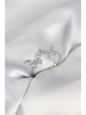 ® Kelebek Model Zirkon Taşlı Gümüş Renk Kadın Yüzük