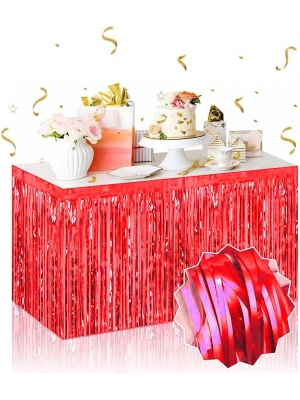 Kendinden Yapışkanlı Kırmızı Metalize Püsküllü Masa Eteği – 75 X 275 Cm Parti Süslemesi