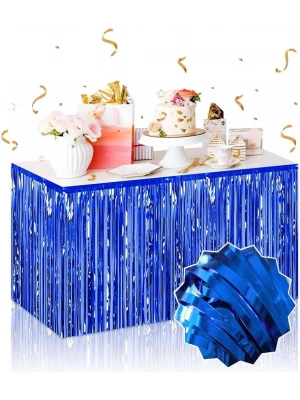 Kendinden Yapışkanlı Mavi Metalize Püsküllü Masa Eteği – 75 X 275 Cm Parti Süslemesi