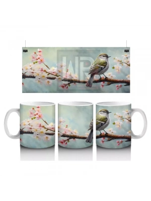 Kiraz Çiçekleri Arasında Kuş – Baskılı Kahve Kupası