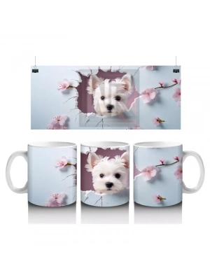 Kiraz Çiçekleri Arasında Neşeli Beyaz Yavru Köpek – Baskılı Kupa